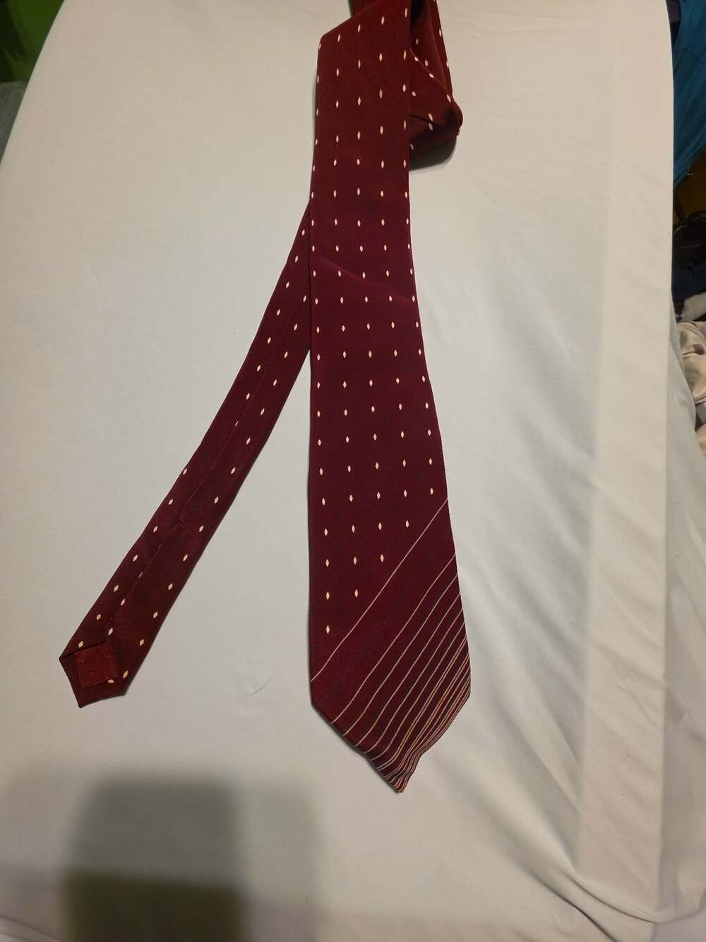 Lanvin Paris Burgundy Silk Necktie With Gold and Navy Diamonds And Stripes